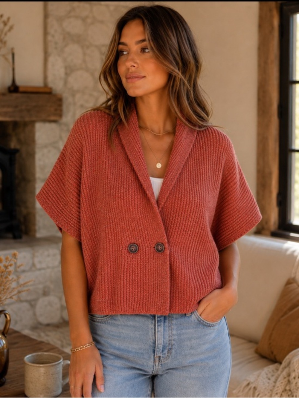 Cabi Love Carol Collection Red Pink Blue Fleck Knit Cardigan Size S